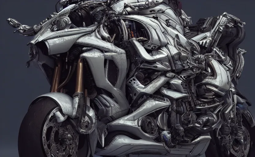 Prompt: Cyberpunk yamaha motorcycle, hyperrealistic mixed media, stunning 3d render inspired art by P. Craig Russell and Barry Windsor-Smith + perfect facial symmetry + dim volumetric lighting, 8k octane beautifully detailed render, post-processing, extremely hyperdetailed, intricate futuristic mechanic parts, epic composition, grim yet sparkling atmosphere, cinematic lighting + masterpiece, trending on artstation