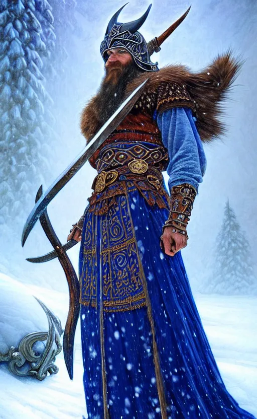 Image similar to royal blue viking warrior, regal, elegant, winter, snow, beautiful, stunning, hd, illustration, epic, d & d, fantasy, intricate, elegant, highly detailed, wide angle, digital painting, artstation, concept art, smooth, sharp focus, illustration, wallpaper, art by artgerm and greg rutkowski and alphonse mucha and jin xiaodi