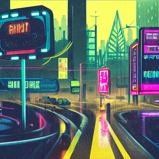 Prompt: retro cyberpunk retro city. street view. max hay. digital render. digital painting. night. raining. rain. neon. road signs. traffic lights. cables. advertisements. stalls. robot. dangiuz.