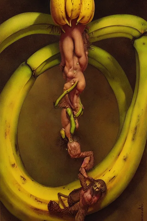 Prompt: a banana in the style of wayne barlowe, gustav moreau, goward, bussiere, roberto ferri, santiago caruso, luis ricardo falero, austin osman spare