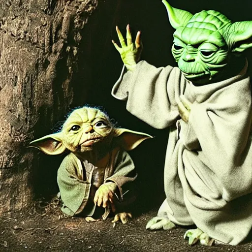 Image similar to a civilization of members of Yoda's species interacting with eachother, award winning nature photograph