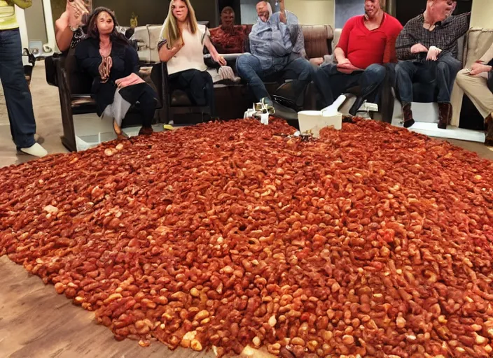 Image similar to qvc tv show product showcase pile of nasty chili spilled on the floor, chunky sloppy fat men no shirts slipping in chili on the floor, wet, studio, 3 payments of $ 2 4 limited time offer, call now, extremely detailed, portraits, 4 k, hd