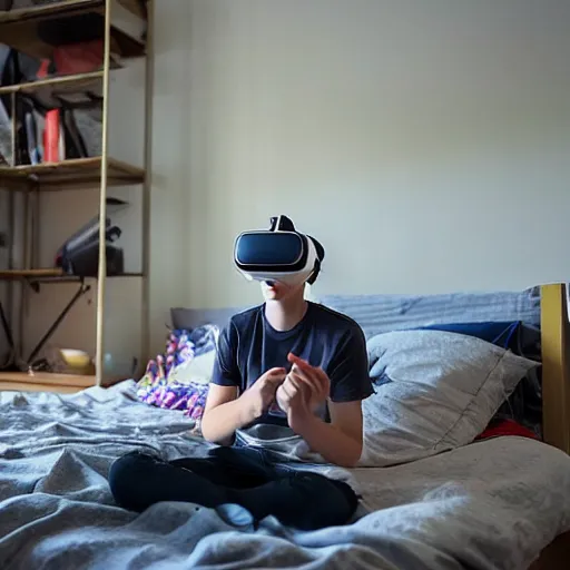 Image similar to A teenage caucasian boy wearing a VR-headset sitting on his messy bed, the room is very small with a lot of junk laying around. The dim room is lit by a bright light escaping from the VR-headset. dim lighting, award-winning