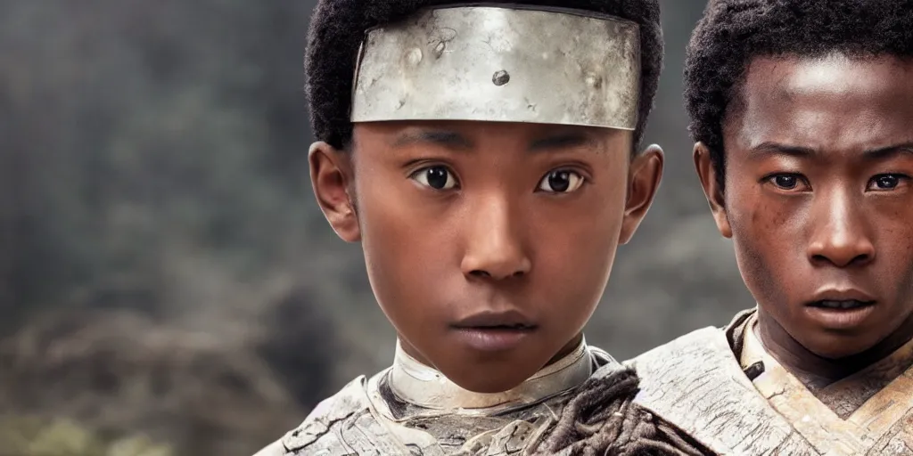Image similar to a film still of a black boy starring in a japanese blockbuster film as ancient samurai, intense, shallow depth of field, cinematic, award winning cgi, vfx, film still