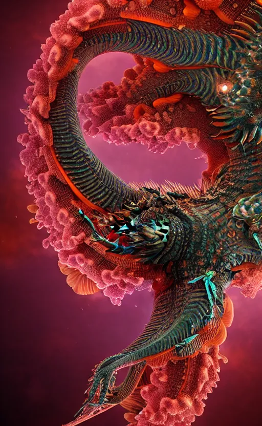 Prompt: dragon, intricate, eagle coral, jelly fish, feathers, mandelbulb 3 d, fractal flame, octane render, cyborg, biomechanical, futuristic, by ernst haeckel