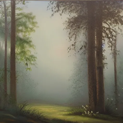 Image similar to an oil painting of a foggy forest with a spring and a deer