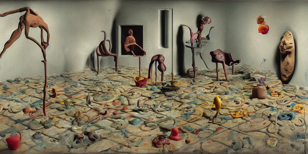 Image similar to plasticine sculpture stop motion. salvador dali clay models. gallery paintings of flowers. [ [ water on floor ] ] visitors. room with a small hole in wall. john craxton. high detail. photorealistic