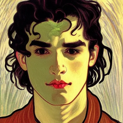 Image similar to painting of young cute handsome beautiful dark medium wavy hair man in his 2 0 s named shadow taehyung at the halloween pumpkin matcha party, straight nose, depressed, melancholy, autumn, elegant, clear, painting, stylized, delicate, soft facial features, delicate facial features, soft art, art by alphonse mucha, vincent van gogh, egon schiele