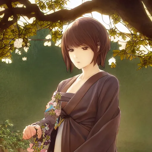 Image similar to anime style, female merchant, yukata clothing, sakura tree in background, brown short hair, hair down, symmetrical facial features, from arknights, hyper realistic, rule of thirds, extreme detail, 4 k drawing, safebooru, realistic lighting, by alphonse mucha, greg rutkowski, sharp focus, backlit