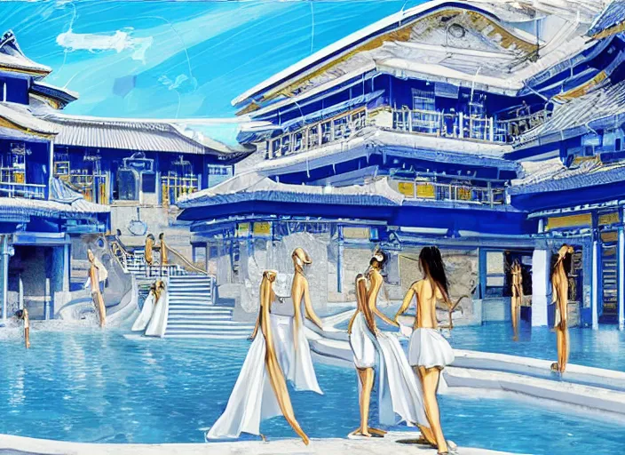 Image similar to modern chic futuristic royal blue and white onsen (Japanese bath house) with gold intricate details at Pamukkale, thermal waters flowing down white travertine terraces, dozen beautiful women wearing sweet dresses, ethereal anf dreamy, intricate, elegant, luxurious, digital painting, concept art, smooth, sharp focus, from Star Trek 2021, illustration, by WLOP and Ruan Jia and Mandy Jurgens and William-Adolphe Bouguereau, Artgerm