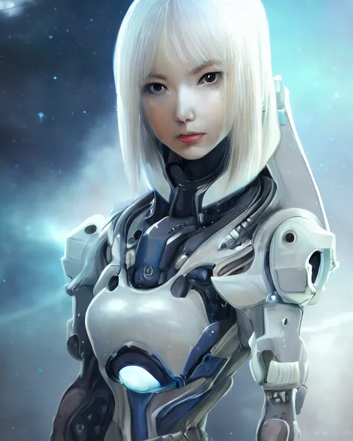 Image similar to detailed portrait of perfect android girl, warframe armor, beautiful face, scifi, futuristic, space station, laboratory, song hye - kyo, dreamy, long white hair, blue cyborg eyes, cinematic lighting, innocent, highly detailed, sharp focus, smooth, artstation, intricate, award winning, pure aura, divine, by akihiko yoshida