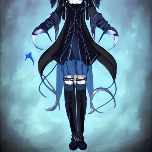 Prompt: beautiful female wizard, blue eyes, black clothing, daughter of death, anime style, concept art