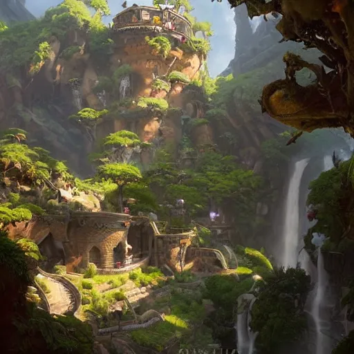 Prompt: worm's eye view of overwatch headquarters carved inside a mountain surrounding a lush well kept garden, magical, natural light, fantasy, sharp focus, concept art, by greg rutkowski and craig mullins, cozy atmospheric