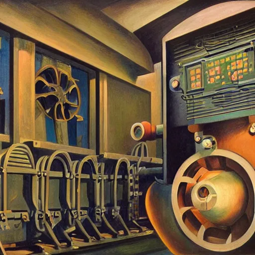 Image similar to engine room, turbines, robot repairmen, reactor core, grant wood, pj crook, edward hopper, oil on canvas