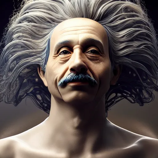 Prompt: masterpiece portrait ethereal biomechanical einstein with incredible technological hair, crystal incrustations, hyper - detailed face, elegant posed, intricate, octane render, cinematic lighting, cgsociety, unreal engine,