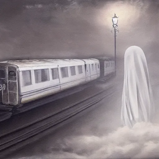 Image similar to ominous bedsheet ghost floating in front of a train, oil painting, brush strokes, gloomy foggy atmosphere, symmetrical, full body image, highly ornate intricate details,