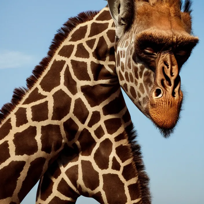 Image similar to rare sighting of a giraffe gorilla, a giraffe - gorilla chimera, 4 k national geographic photograph