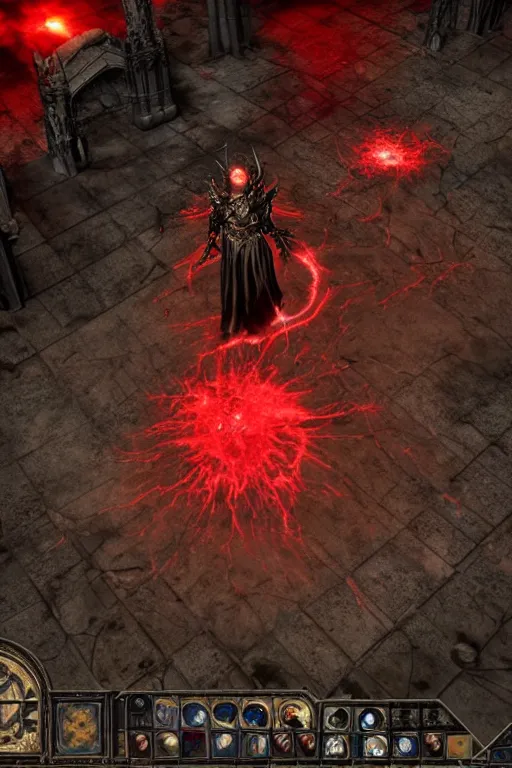 Prompt: Path of Exile, [Sirius], clear [[bronze]] face [mask], luminous red eyes, male image with [bronze] black bloody armor, sitting on the throne, inside the ruined gothic church, black shadows, red lasers, dark red bloody fog, black-grey smoky tornadoes fly around, [[blood]], Anachronism, painting, dark fantasy, steampunk, 4k, perfect quality,