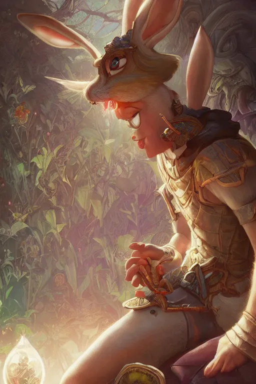 Image similar to cinematic stills of bugs bunny, deep focus, dmt acid trip, d & d, fantasy, intricate, elegant, highly detailed, digital painting, artstation, concept art, matte, sharp focus, illustration, hearthstone, art by artgerm and greg rutkowski and alphonse mucha