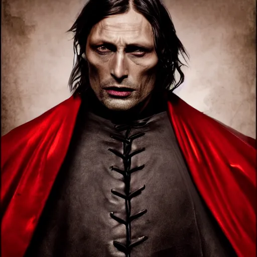 Image similar to mads mikkelsen as a vampire, male, late - 4 0 s aged, shoulder length hair, slicked black hair, red eyes, clean shaven, wearing a cape, regal, royal, grim facial expression, high medieval fantasy, full color digital art, cinematic shot, full body shot.