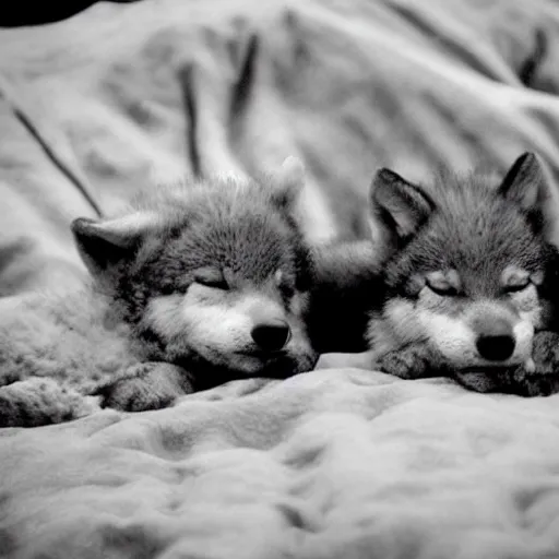 Image similar to close-up wolf pups sleeping with mother wolf in cave grayscale in style of Chris Van Allsburg