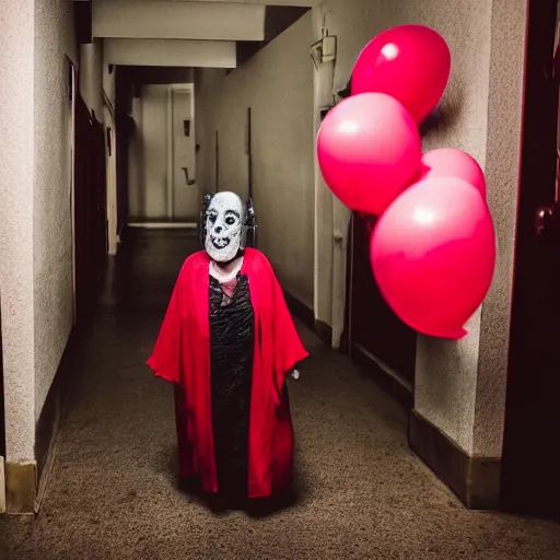 Prompt: Sinister ghost of an old crone with sunken eyes and a grimace smile with red balloons standing ominously at the end of a dark corridor. Horror HD photo