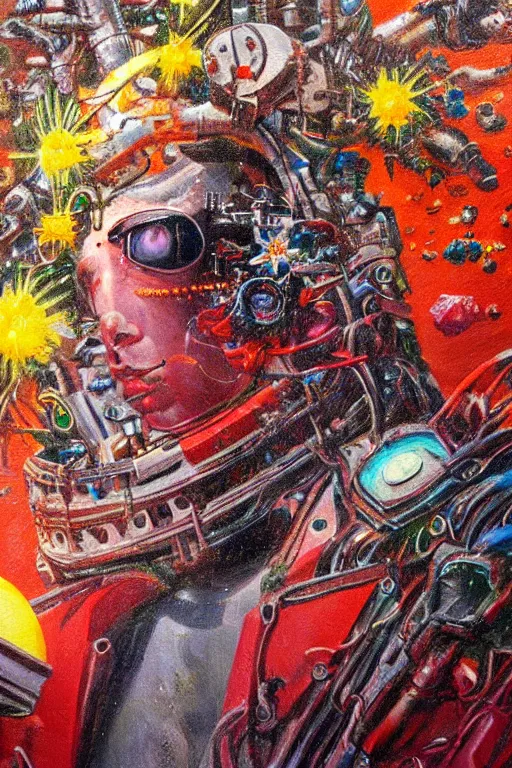 Prompt: oil painting, close-up, hight detailed, melting cyborg with flowers everywhere at red planet, in style of 80s sci-fi art and classicism