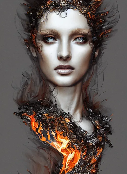 Image similar to sculpture made of flame, portrait, female, future, torch, fire, harper's bazaar, vogue, fashion magazine, intricate, concept art, close up, ornate, luxury, elite, elegant, trending on artstation, by ruan jia, by Kenneth Willardt, by ross tran, by WLOP, by Andrei Riabovitchev,