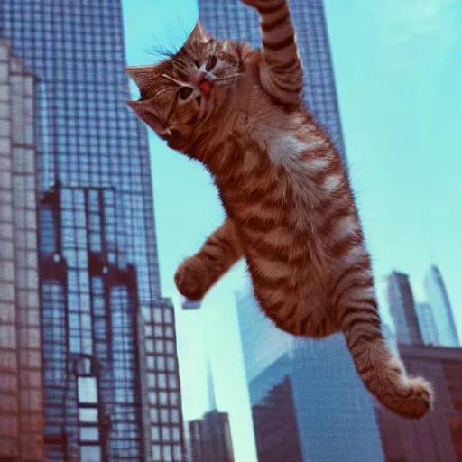 Prompt: a macro 3 5 mm film photo of a giant kitten playing with skyscrapers