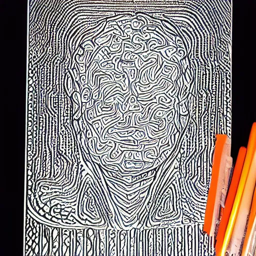 Prompt: brain frozen in Carbonite, pattern line ink art with two tone colors