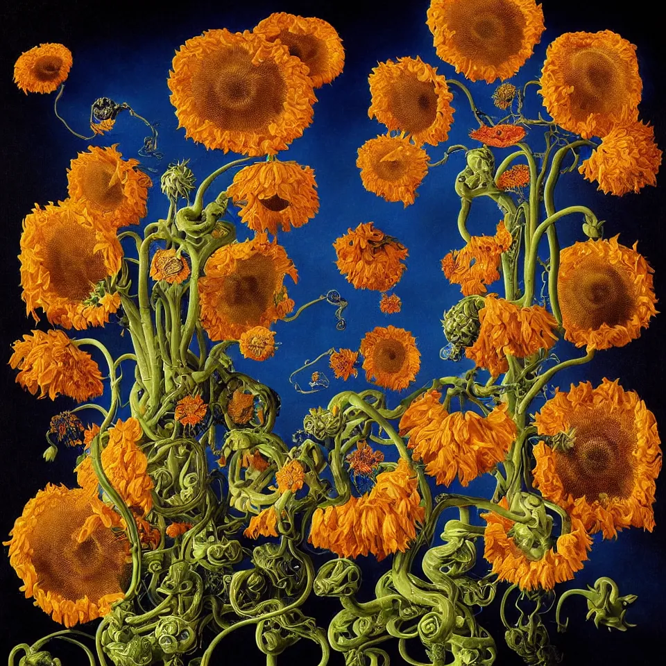 Image similar to dutch golden age bizarre sunflower portrait made from flower floral still life with many blue eyes very detailed nasturtium vines and snakes disturbing fractal forms sprouting up everywhere by rachel ruysch black background chiaroscuro dramatic lighting perfect composition high definition 8 k oil painting with black background by christian rex van dali todd schorr of a chiaroscuro portrait recursive masterpiece