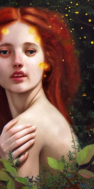 Image similar to infp young woman, smiling amazed, golden fireflies lights, full covering intricate detailed dress, amidst nature, long red hair, accurate linework, green eyes, small nose with freckles, oval shape face, realistic, expressive emotions, dramatic lights, hyper realistic ultrafine art by artemisia gentileschi, caravaggio, jessica rossier, boris vallejo