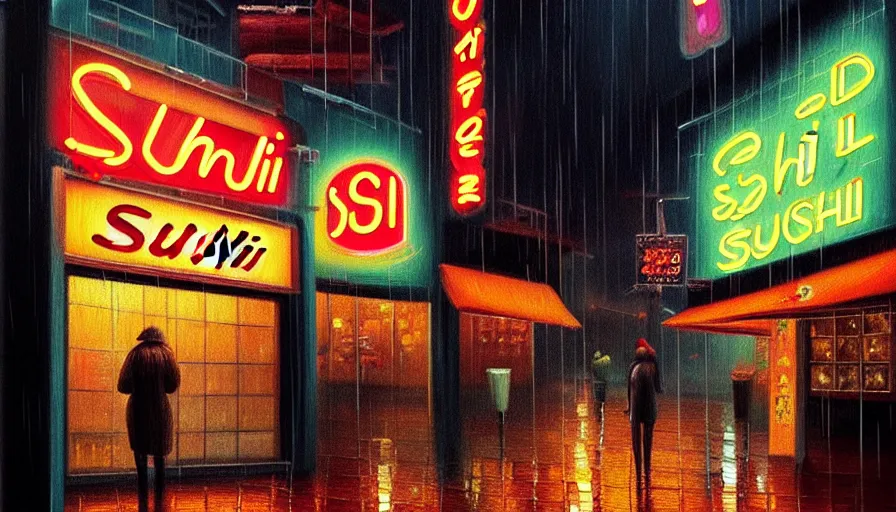 Prompt: oil painting of a neon sign storefront sushi restaurant, raining, busy street, cyberpunk, romantisism, outrun, synthwave, painting, detailed, by katia chausheva and android jones