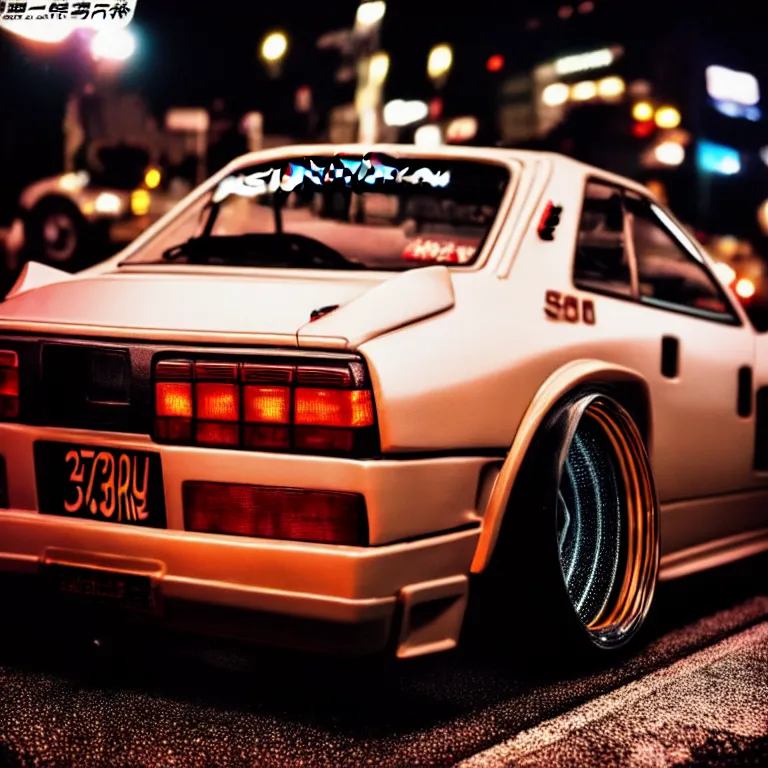 Image similar to close-up-photo Nissan S30 turbo illegal roadside night meet, deep dish work-wheels, Shibuya Shibuya, cinematic color, photorealistic, highly detailed night photography