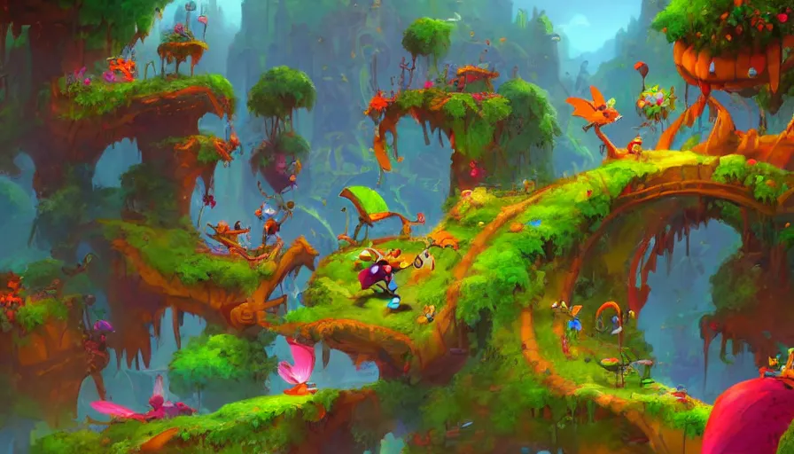 Image similar to landscape painting for animation in the style of rayman game, environment design, lively, joyful, colorful, jungles, cities, highly detailed