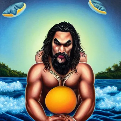 Image similar to jason momoa as a mango, lowbrow painting by mark ryden