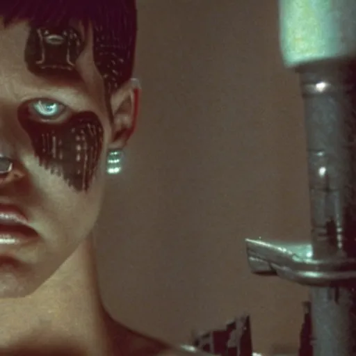 Image similar to cinematic portrait of a runaway cyborg with tribal facepaint in an empty room, still from the movie bladerunner