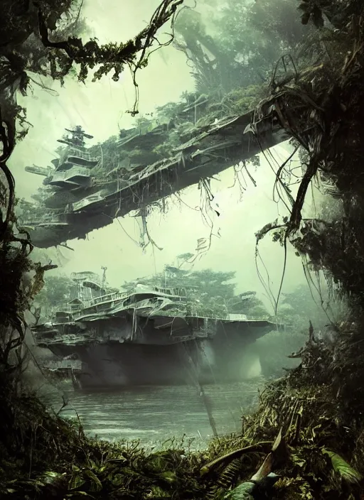 Image similar to decayed aircraft carrier USS Nimitz laying on the ground overgrown with vegetation and hanging vines, post apocalyptic, tropical forest, by Luis Royo, by Greg Rutkowski, extreme low angle shot, dark, gritty, intricate, cover illustration, concept art, volumetric lighting, volumetric atmosphere, sharp focus, octane render, trending on artstation, 8k