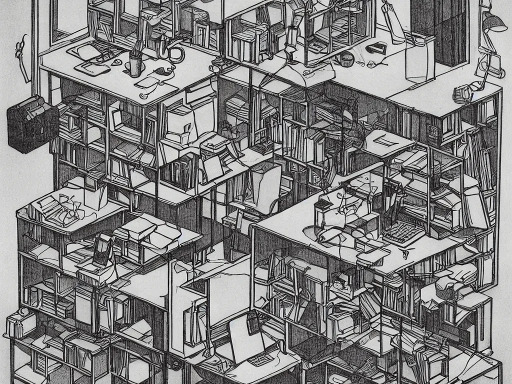 Image similar to coffee break in 9 0 s cubicle office by m. c. escher