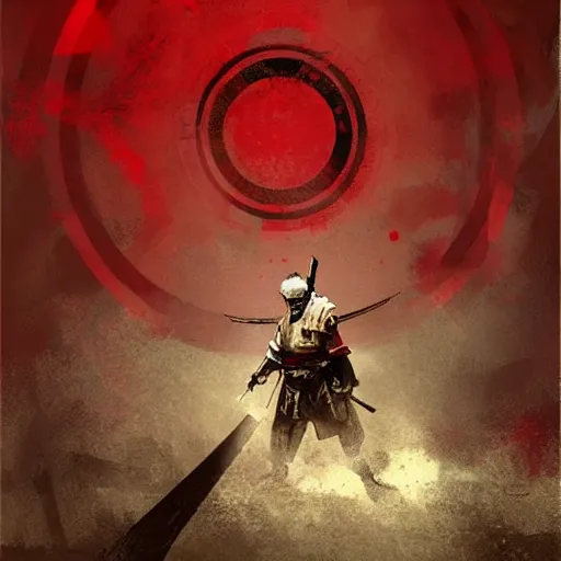 Image similar to artwork by Craig Mullins and Russ Mills and SPARTH showing a well-adjusted samurai in front of a red circle