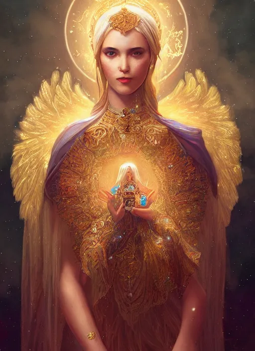 Image similar to A beautiful digital painting of a female Seraphim full of jewels, princess, the moon behind her, intricate, cinematic lighting, highly detailed, digital painting, Artstation, concept art, smooth, sharp focus, illustration, art by Tom Bagshaw, Artgerm and Greg Rutkowski