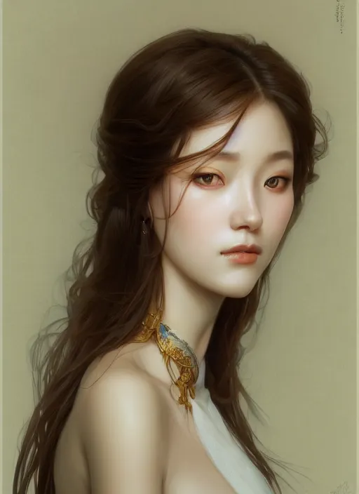 Image similar to the portrait of an absurdly beautiful, graceful, elegant, sophisticated, tall, corean woman 2 1 years old, simmetric face, russian, highly detailed, artstation, smooth, hard focus, illustration, art by artgerm and greg rutkowski and alphonse mucha