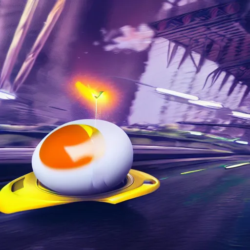 Prompt: digital art, trending on artstation, a person with a fried egg as a head driving a spaceship, cinematic, motion blur