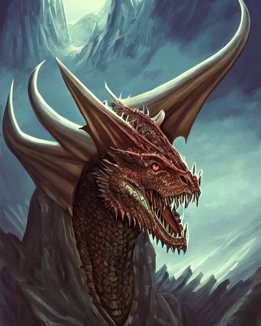 Prompt: ''face portrait of dragon, rule of thirds, fantasy, mountain landscape, d & d, digital painting, artstation, deviantart, concept art, illustration, art by dragolisco and anne stokes and nico niemi''