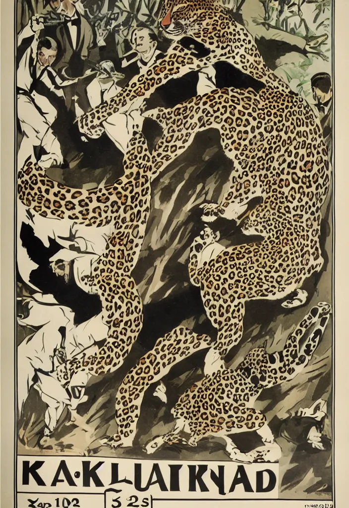 Image similar to 1 9 2 0's poster showing how to control attacking leopard with karate hand gestures, illustrating drawing, silk print