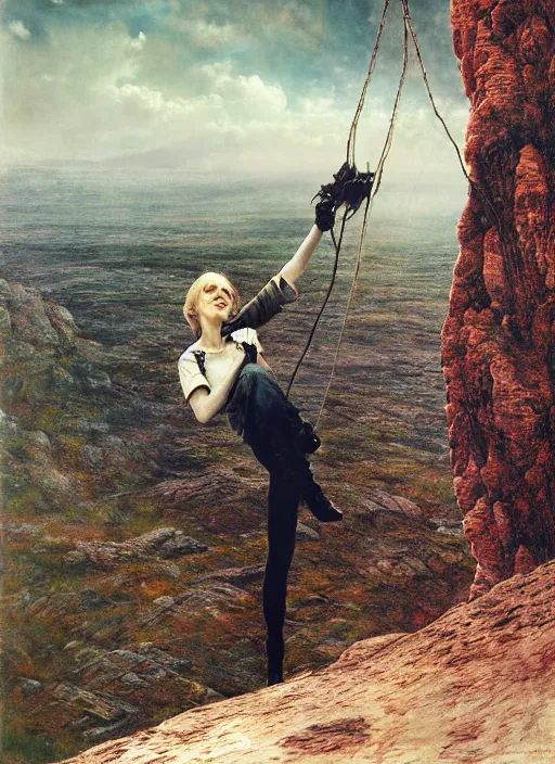 Image similar to close-up portrait action shot of Nicole Kidman hanging from a cliff ridge, Les Edwards, Zdzislaw Beksinski, Carl Gustav Carus, John Harris, Michal Karcz, Zhang Kechun, Mikko Lagerstedt, Scott Listfield, Steven Outram, Jessica Rossier