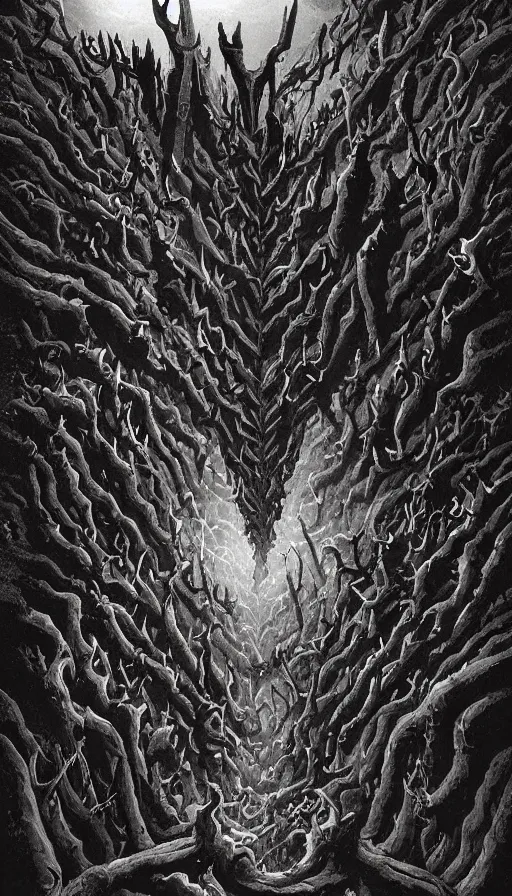 Prompt: a storm vortex made of many demonic eyes and teeth over a forest, by jesper esjing