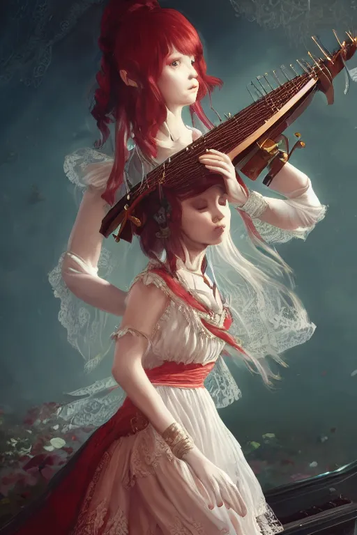 Prompt: highly detailed portrait of a young bard princess playing the lute, wavy vibrant red hair, white lace dress, cinematic lighting, dramatic atmosphere, by Dustin Nguyen, Akihiko Yoshida, Greg Tocchini, Greg Rutkowski, Cliff Chiang, 4k resolution, nier:automata inspired, bravely default inspired, pirate ship background