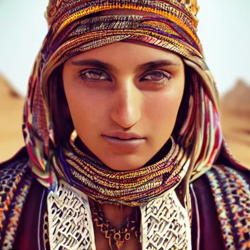 Prompt: portrait of a stunningly beautiful middle eastern tribal female, depth of field, zeiss lens, detailed, symmetrical, centered, fashion photoshoot, by Annie Leibovitz and Steve McCurry, David Lazar, Jimmy Nelsson, Breathtaking, 8k resolution, extremely detailed, beautiful, establishing shot, artistic, hyperrealistic, beautiful face, octane render