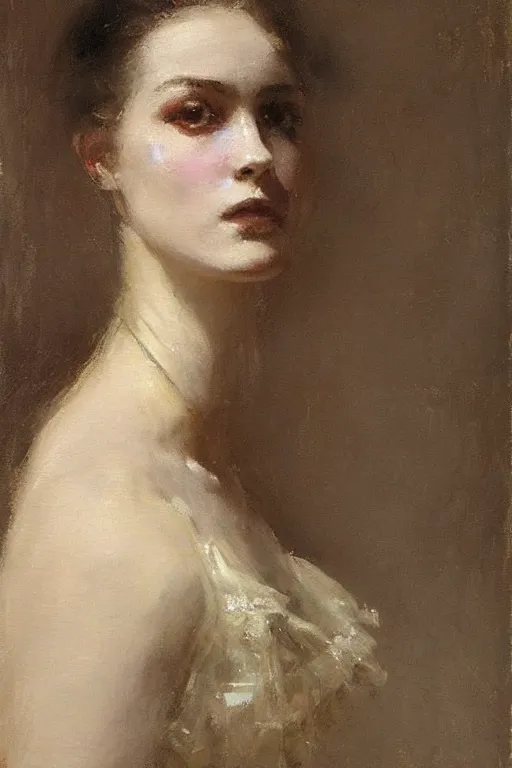 Prompt: Richard Schmid and Jeremy Lipking victorian genre painting full length portrait painting of a young beautiful woman victorian rich dancer